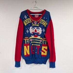 Hybrid Holiday Sweater "Let's Get Nuts" Nutcracker Sweater Red Blue Size Large